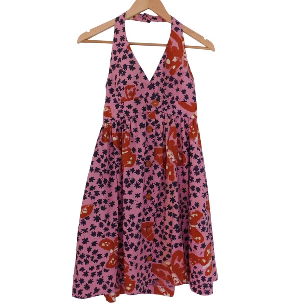 Vintage Betsey‎ Johnson dress size 2 Halter Top Cotton Butterfly Floral Pink